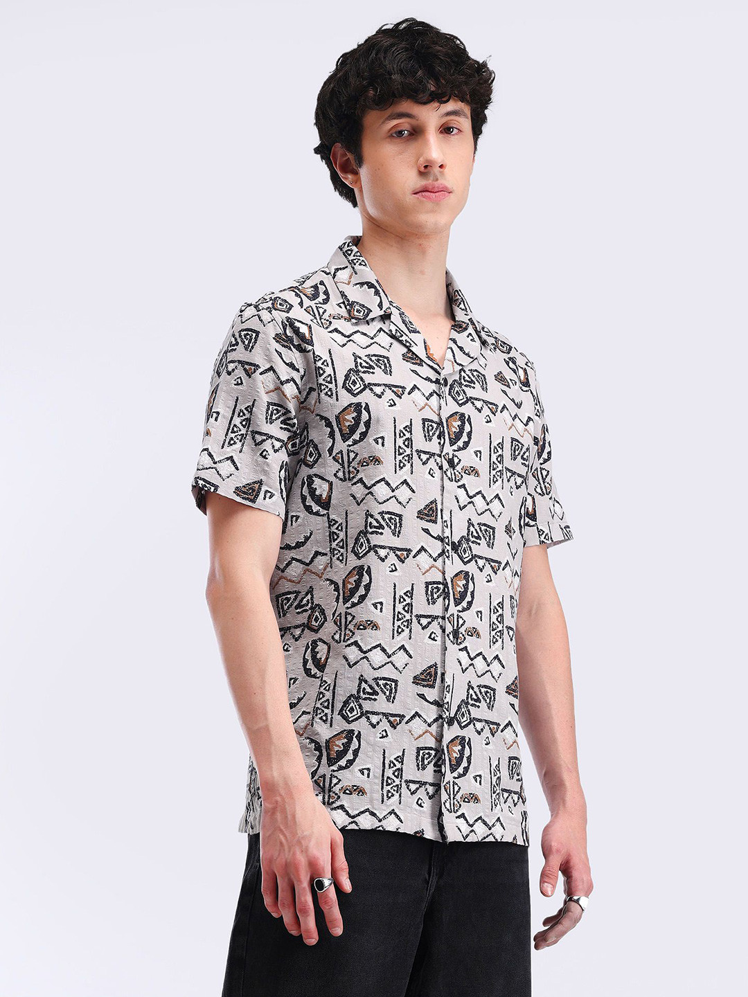 

Flying Machine Men Cuban Collar Abstract Printed Cotton Casual Shirt, Grey