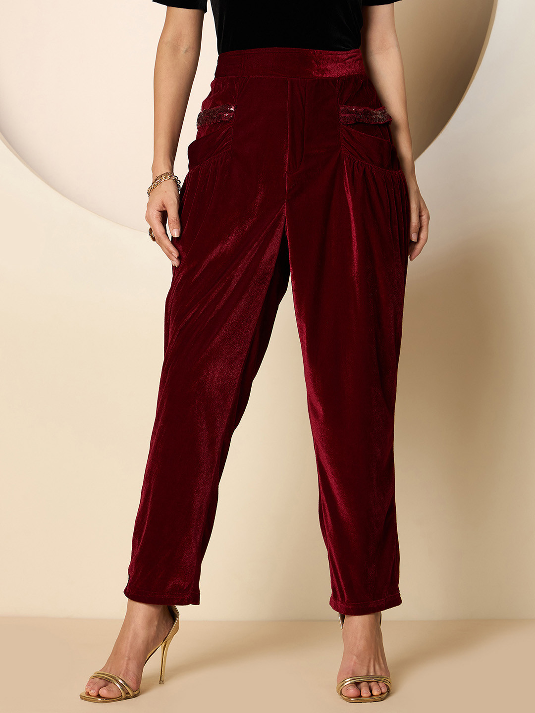 

Antheaa Women Solid Velvet Embellished Smart Party Wear Trousers, Red