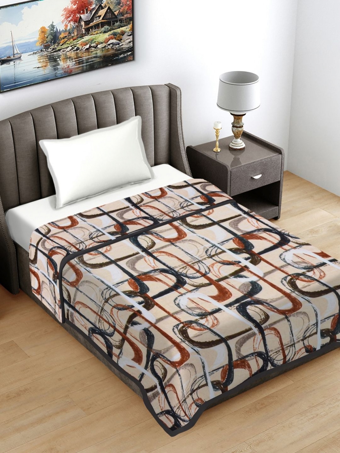 

Fabinaliv White & Brown Abstract Print 230 Gsm Ultra Soft Single Bed Ac Blanket