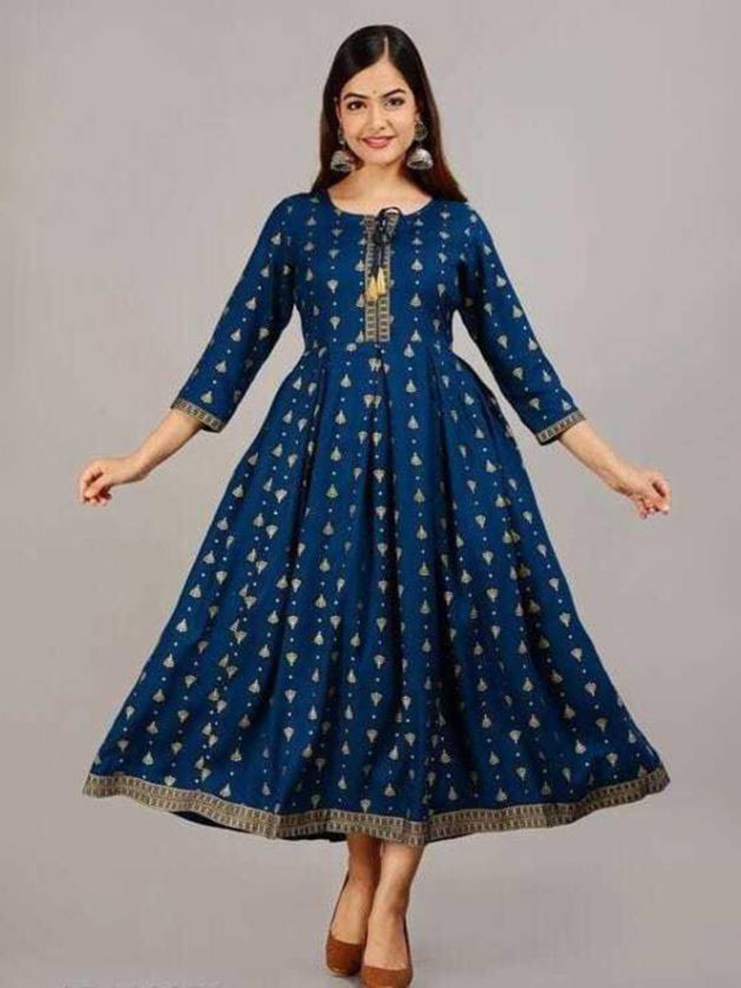 

VYKOO Ethnic Motifs Printed Tie-Up Neck A-Line Ethnic Dresses, Blue