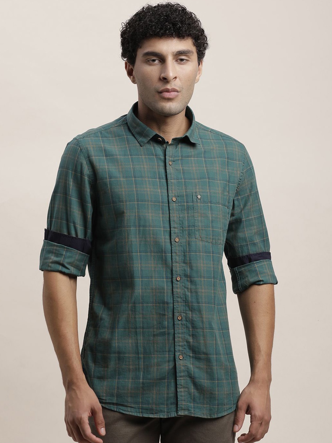

Turtle Men Relaxed Spread Collar Tartan Checked Cotton Slim Fit Casual Shirt, Green