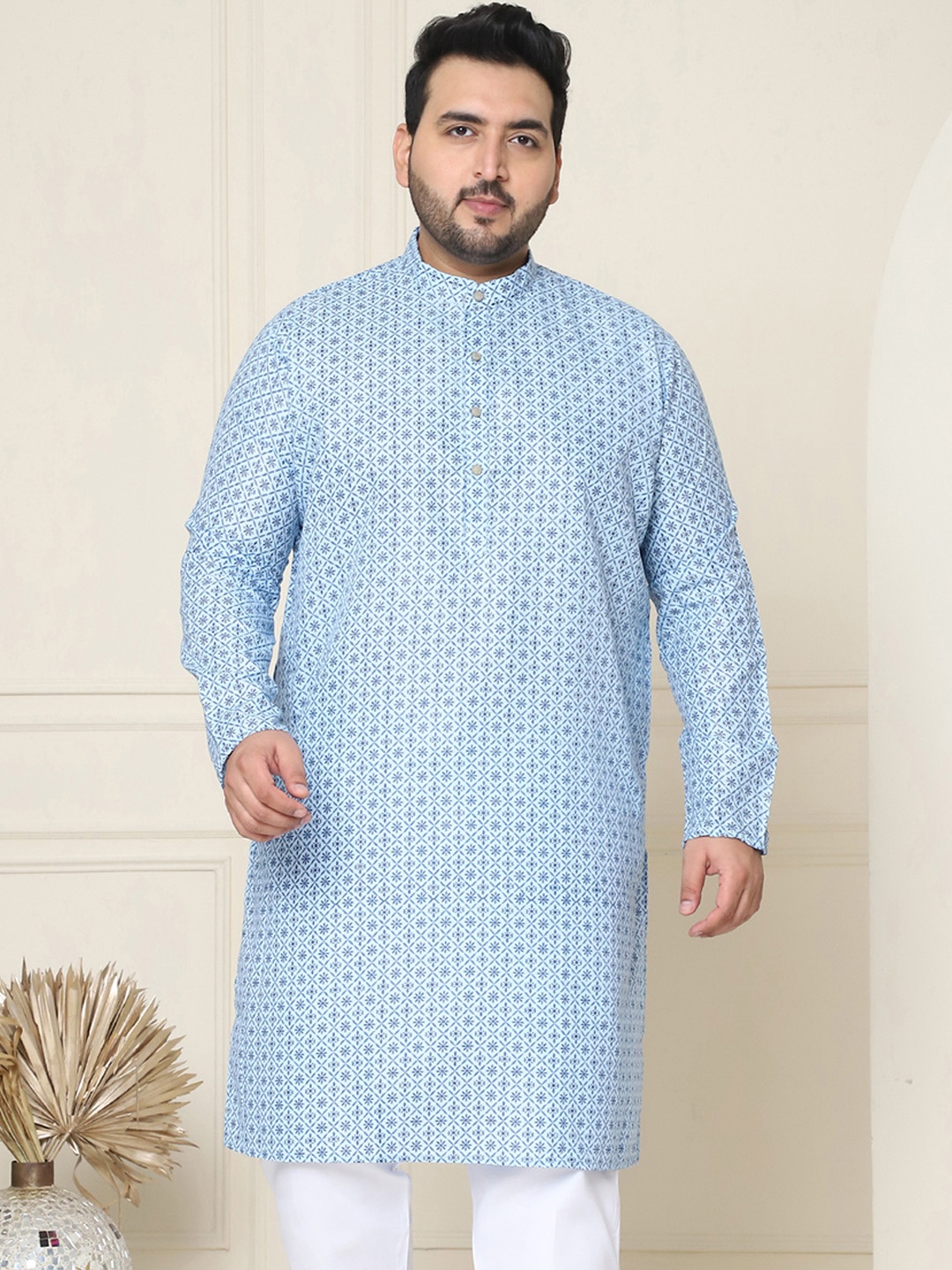 

SOJANYA PLUS Size Ethnic Motifs Printed Band Collar Straight Kurta, Blue