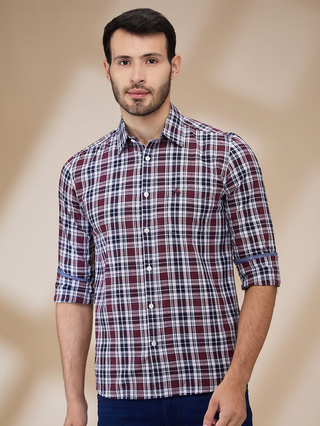 

Parx Men Spread Collar Tartan Checked Cotton Slim Fit Casual Shirt, Red