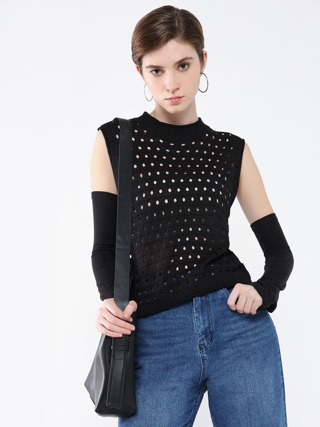 

SHOWOFF Women Self Design High Neck Acrylic Top, Black