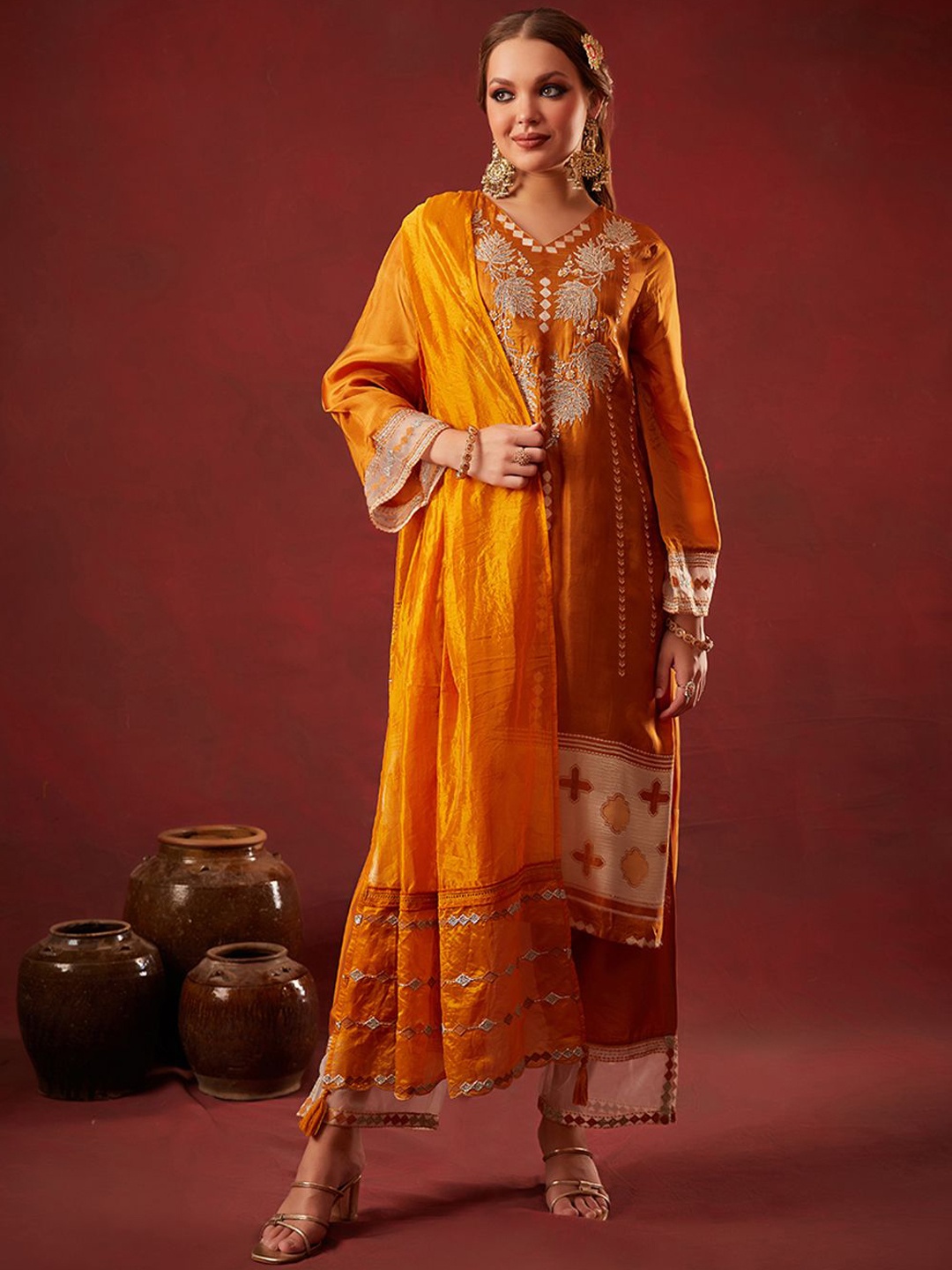 

HEEPOSH Floral Embroidered Sequinned Kurta with Trousers & Dupatta, Mustard