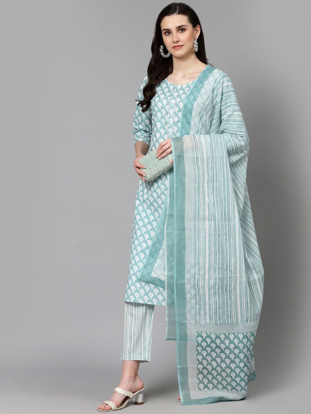 

His&Her Floral Printed Gotta Patti Pure Cotton Kurta with Trousers & Dupatta, Blue