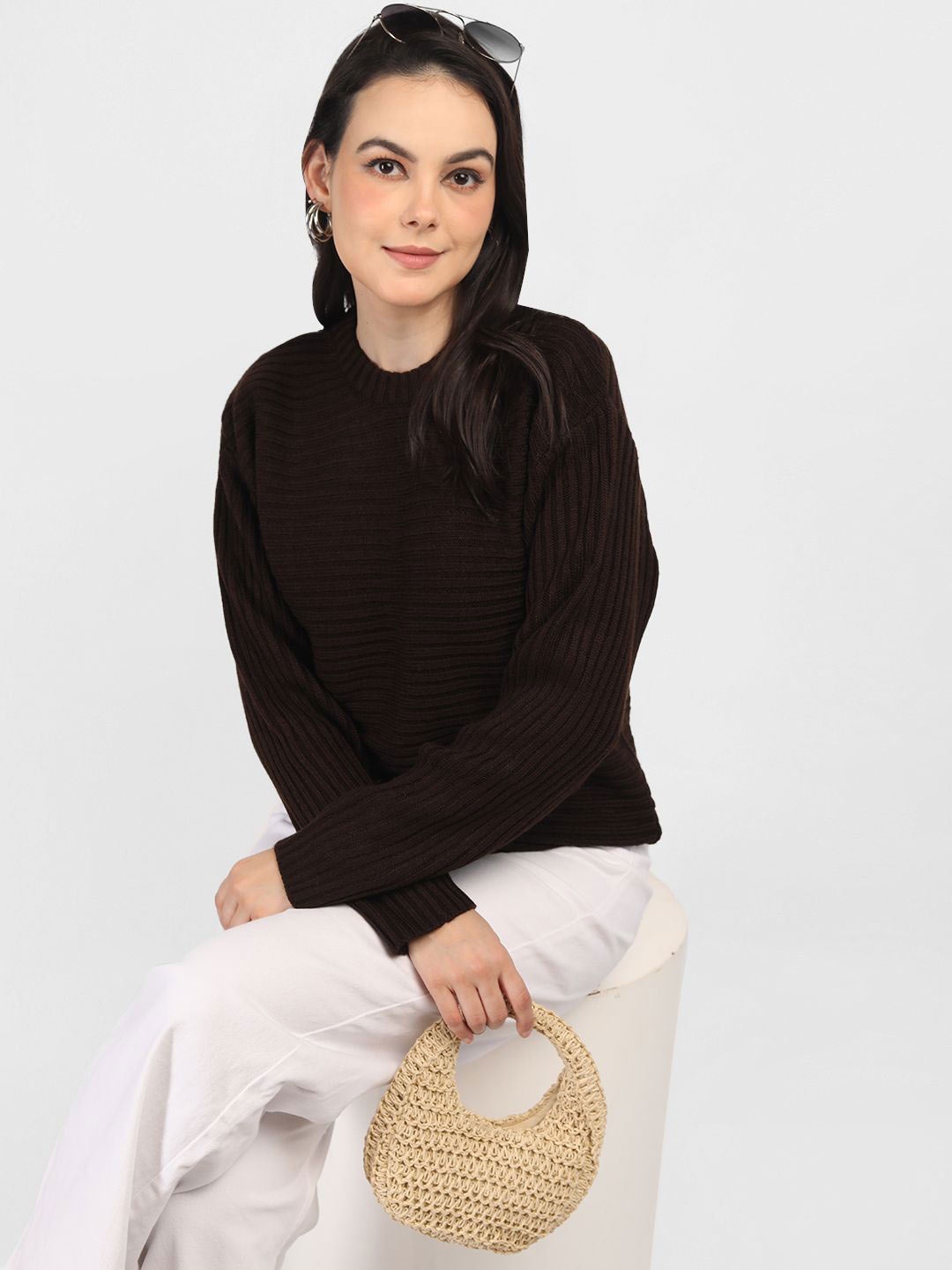 

CHKOKKO Women Cable Knit Woollen Pullover, Coffee brown
