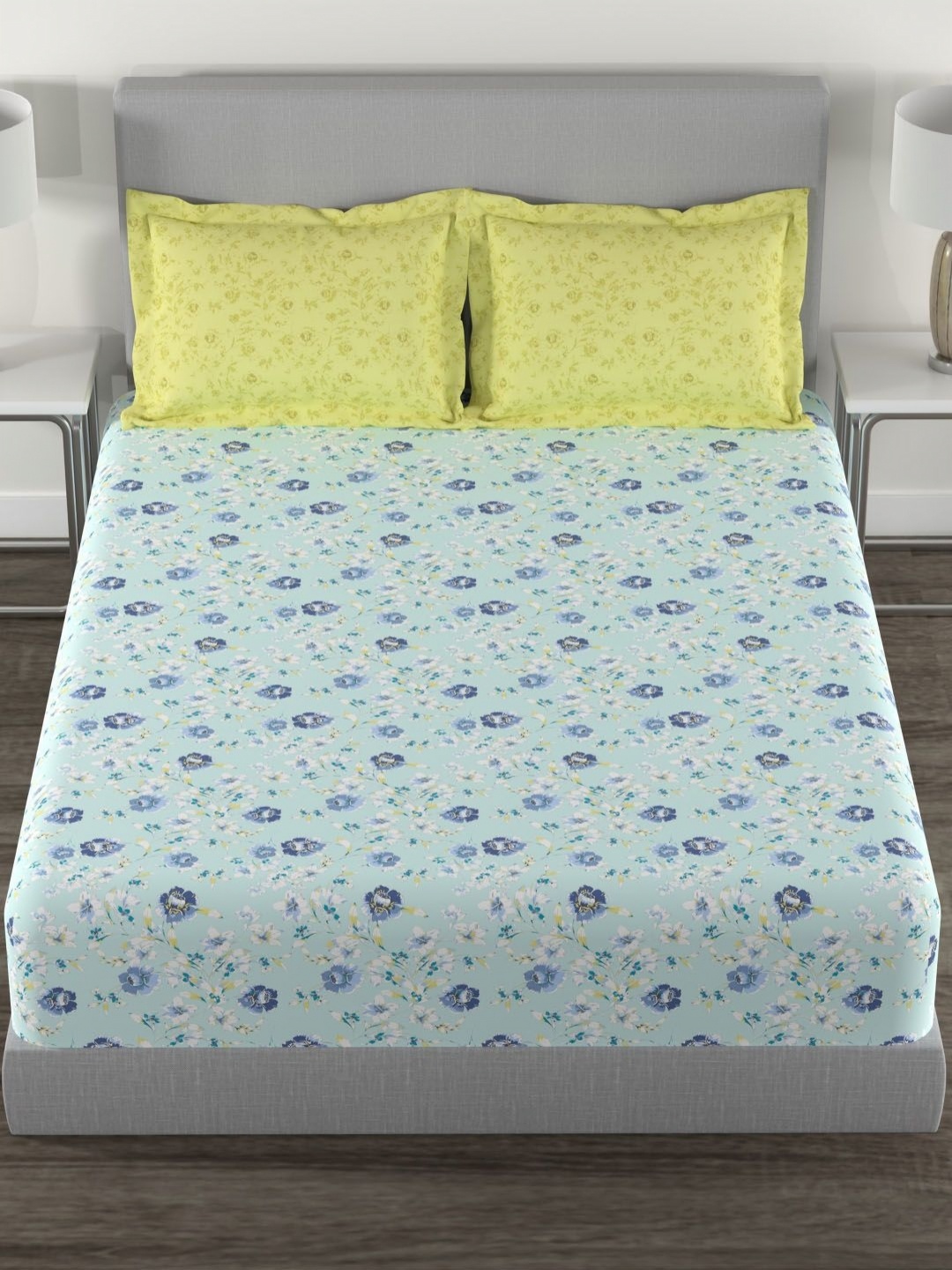 

MYTRIDENT Peony Green Carnival Flat 144TC Queen Cotton Bedsheet Set