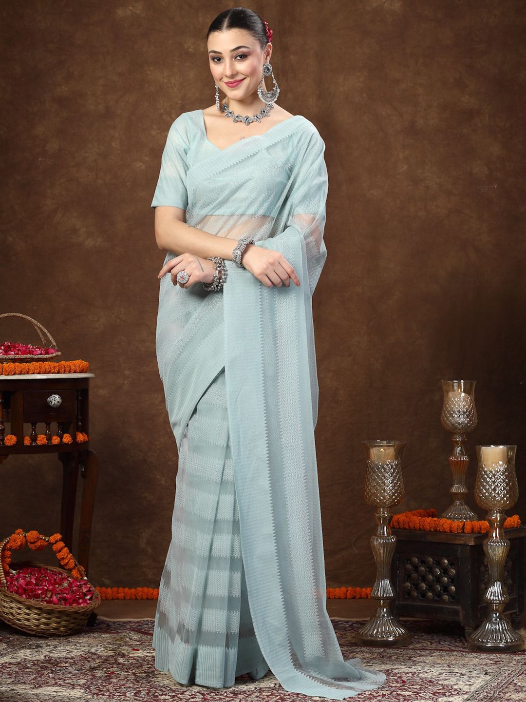 

Stylum Striped Embroidered Net Saree, Turquoise blue