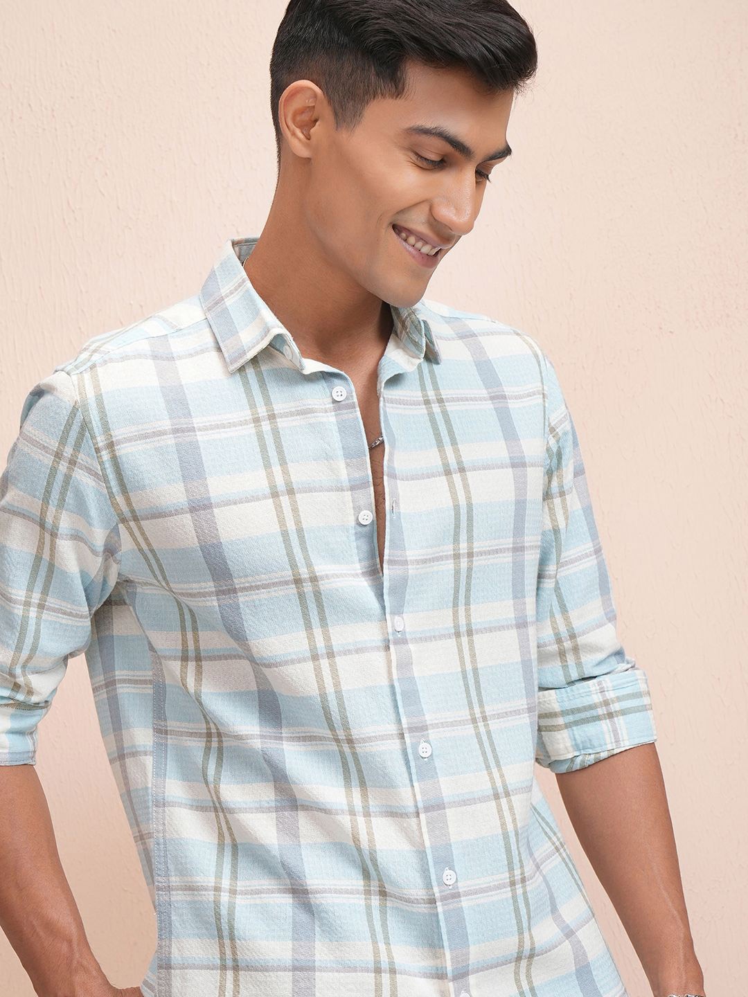 

LOCOMOTIVE Men Cutaway Collar Checked Cotton Casual Shirt, Cream