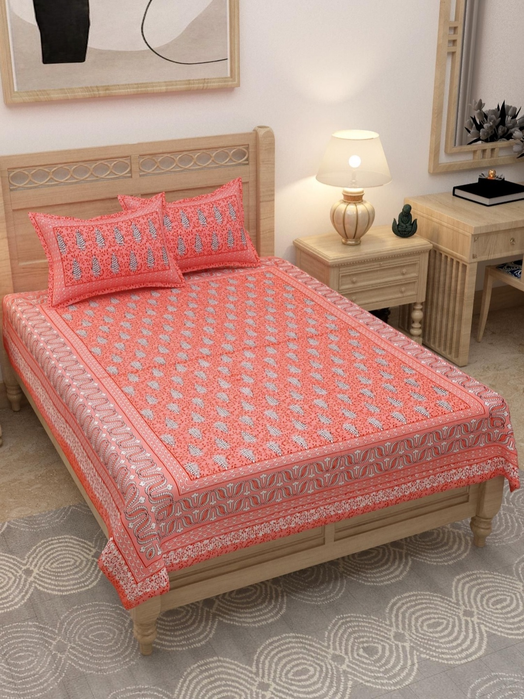 

Lali Prints Peach & White Ethnic Motifs Cotton 180 TC Single Bedsheet with 2 Pillow Covers