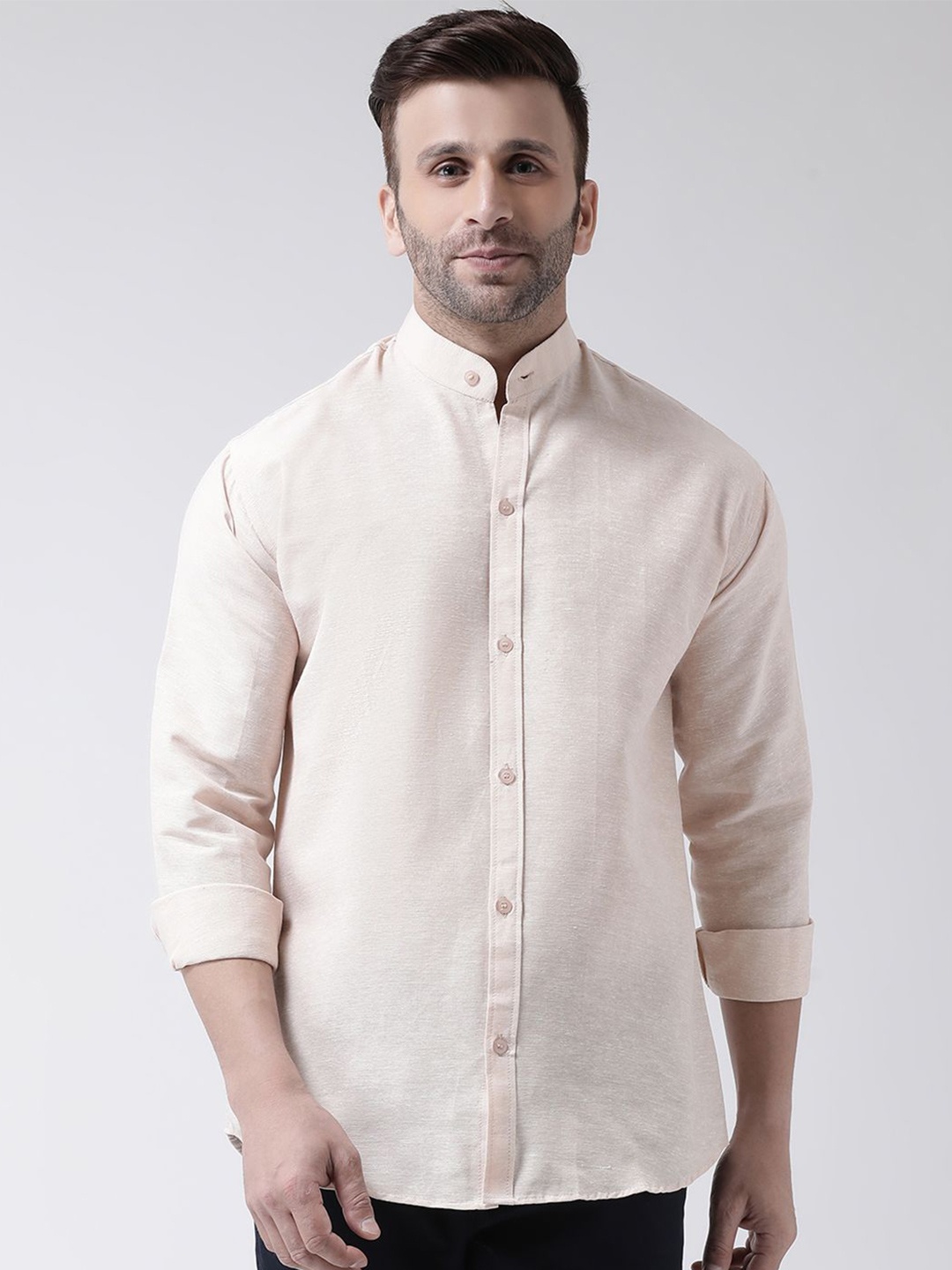 

KLOSET BY RIAG Men Classic Band Collar Solid Cotton Casual Shirt, Beige