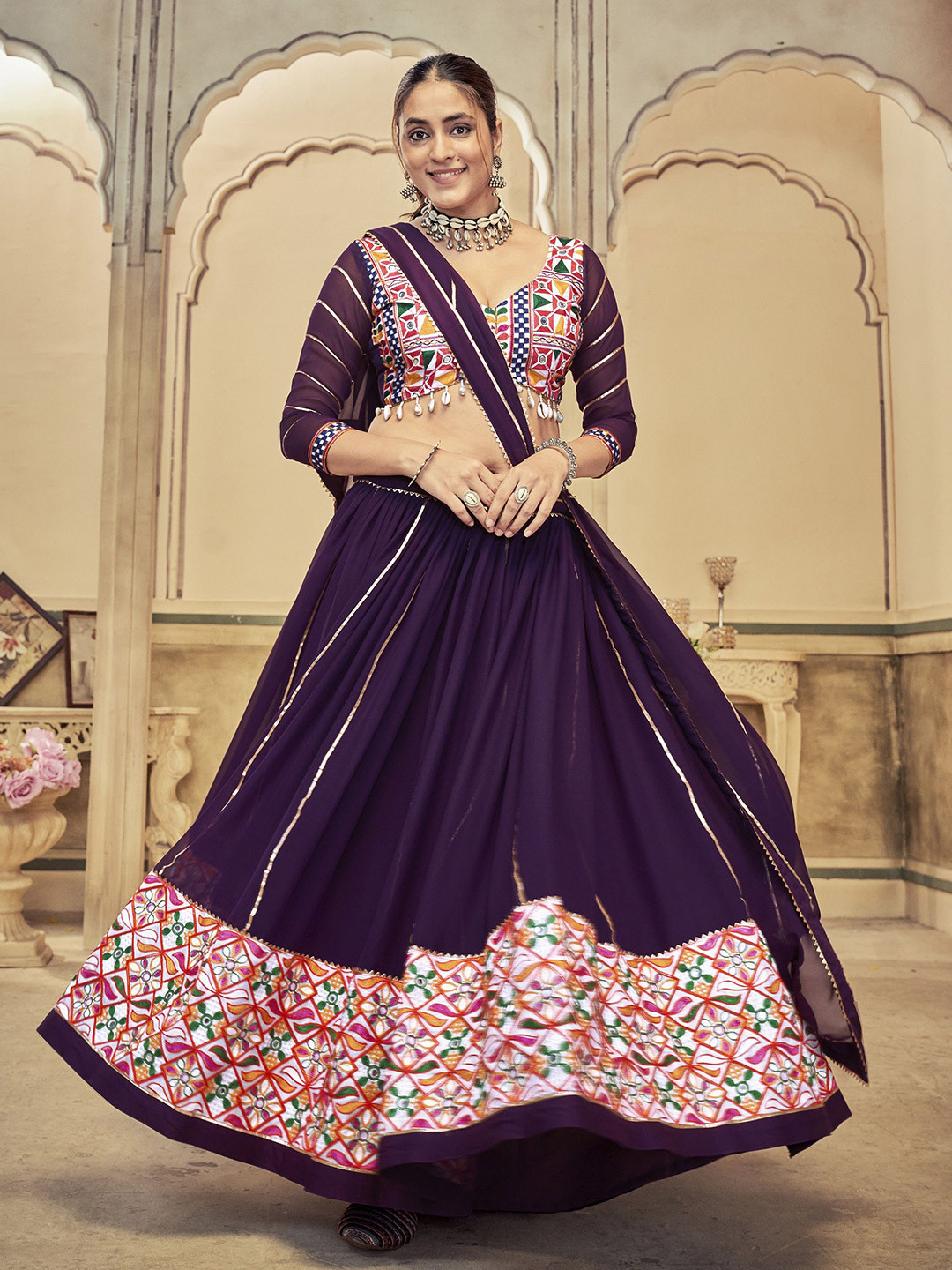 

KALINI Embroidered Thread Work Semi-Stitched Lehenga & Unstitched Blouse With Dupatta, Purple
