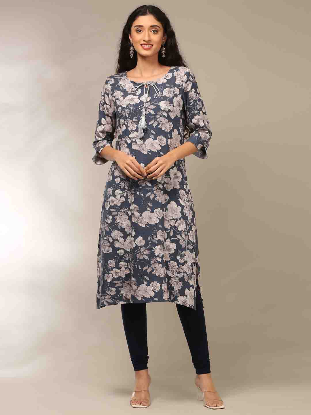 

Alena Floral Printed Tie-Up Neck Sequinned Straight Kurta, Blue