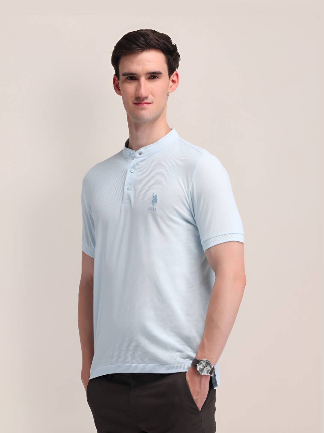 

U.S. Polo Assn. Men Brand Logo Solid Slim Fit Pure Cotton T-shirt, Blue