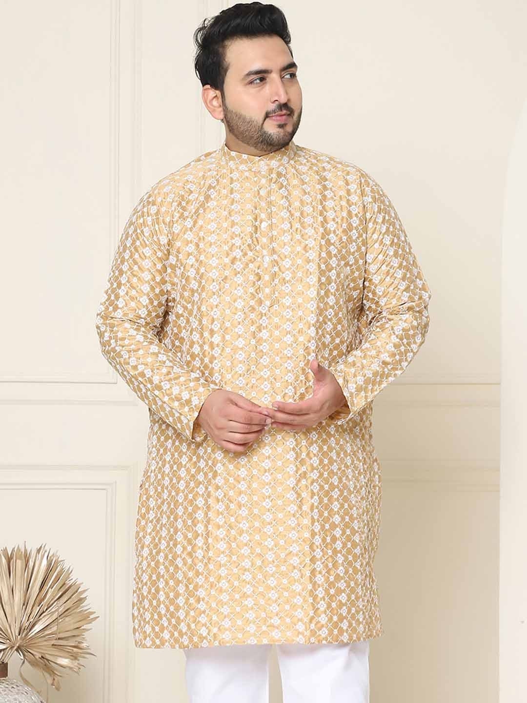 

SOJANYA PLUS Ethnic Motifs Embroidered Band Collar Thread Work Straight Kurta, Gold