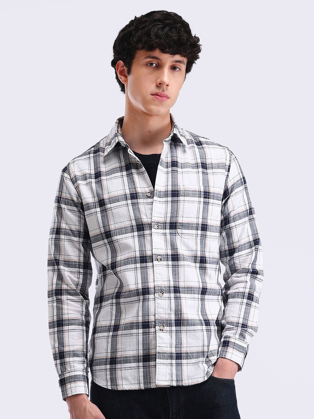 

Flying Machine Men Spread Collar Tartan Checked Cotton Casual Shirt, White