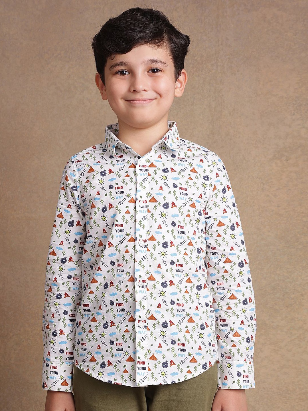 

One Friday Boys Comfort Spread Collar Conversational Printed Cotton Casual Shirt, Off white