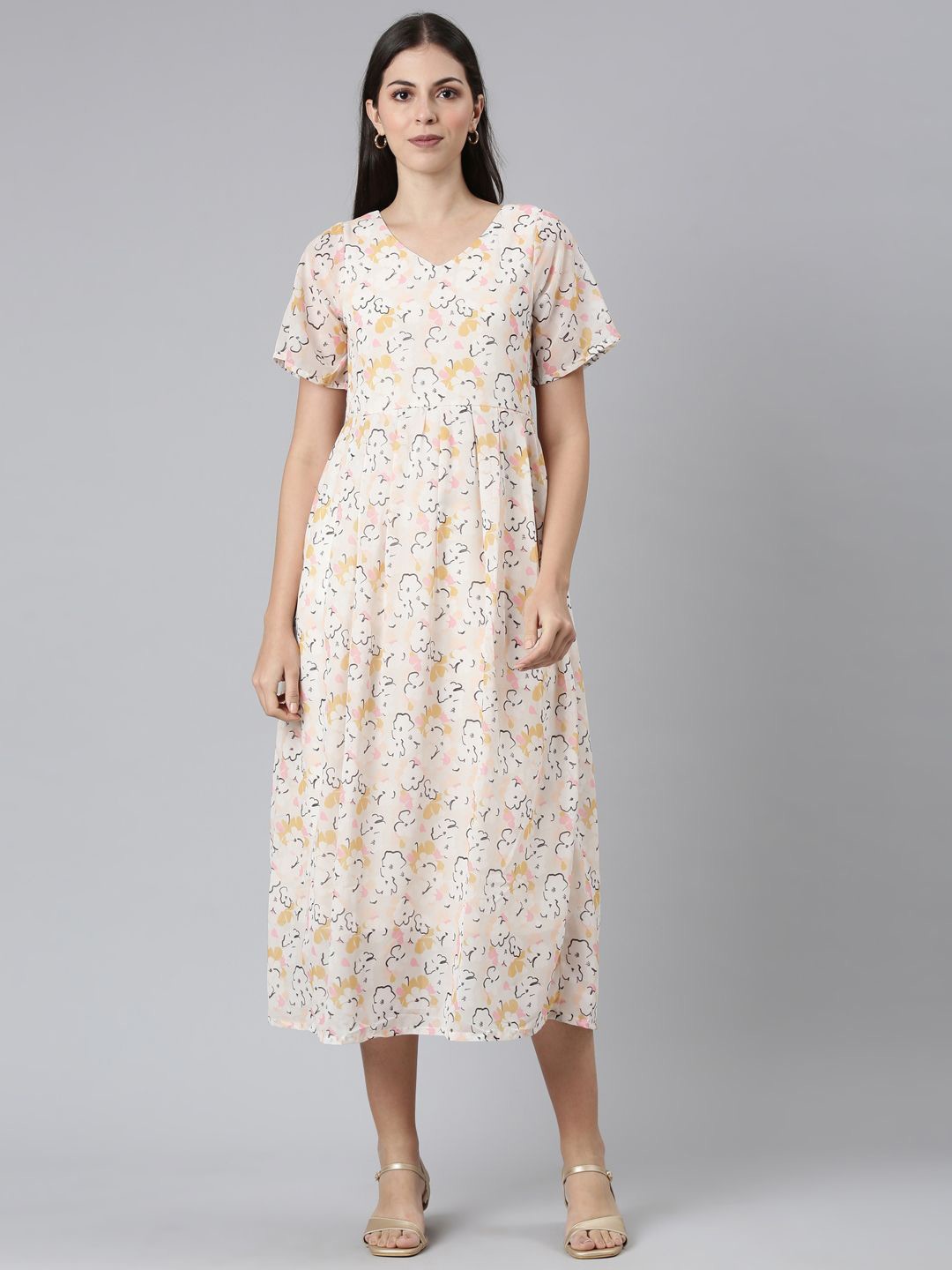 

TWIN BIRDS Women Floral Printed Fit & Flare Midi Dress, Off white