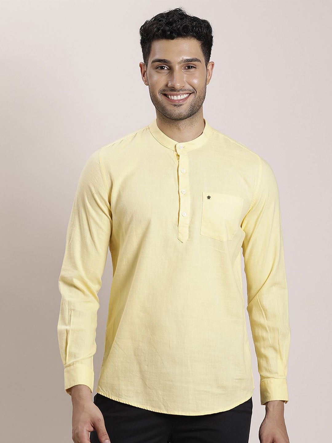 

Turtle Men Relaxed Mandarin Collar Textured Cotton Slim Fit Casual Shirt, Yellow