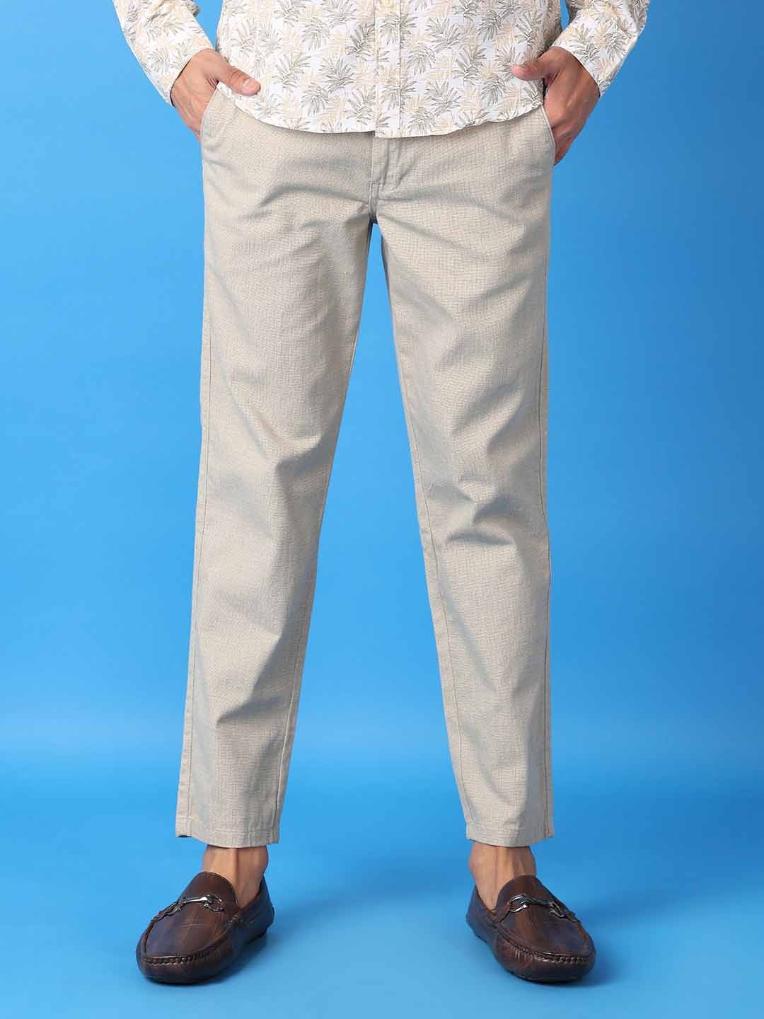 

V-Mart Men Solid Cotton Self Design Checked Trousers, Cream