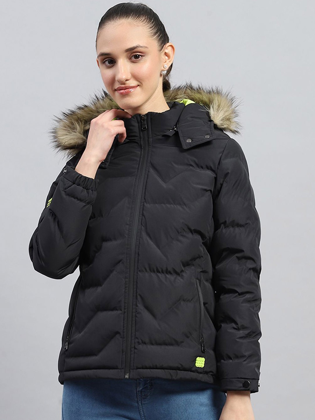 

rock.it Women Hooded Long Sleeves Faux Fur Trim Parka Jacket, Black