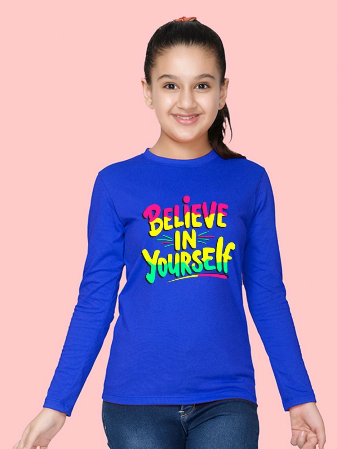 

NUSYL Girls Typography Printed Round Neck Cotton T-shirt, Blue