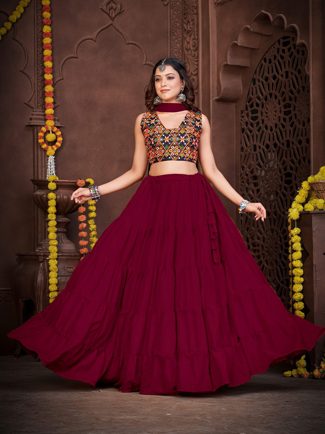 

KALINI Embroidered Thread Work Semi-Stitched Lehenga & Unstitched Blouse With Dupatta, Maroon