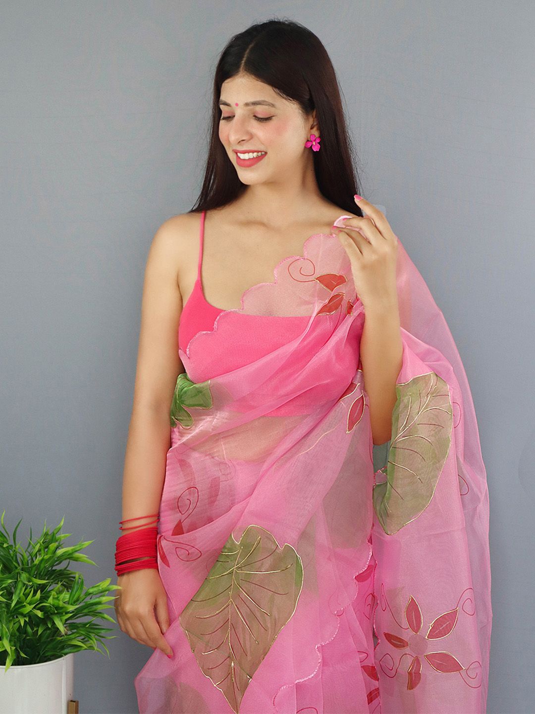 

Ishin Floral Embroidered Organza Saree With Blouse Piece, Pink
