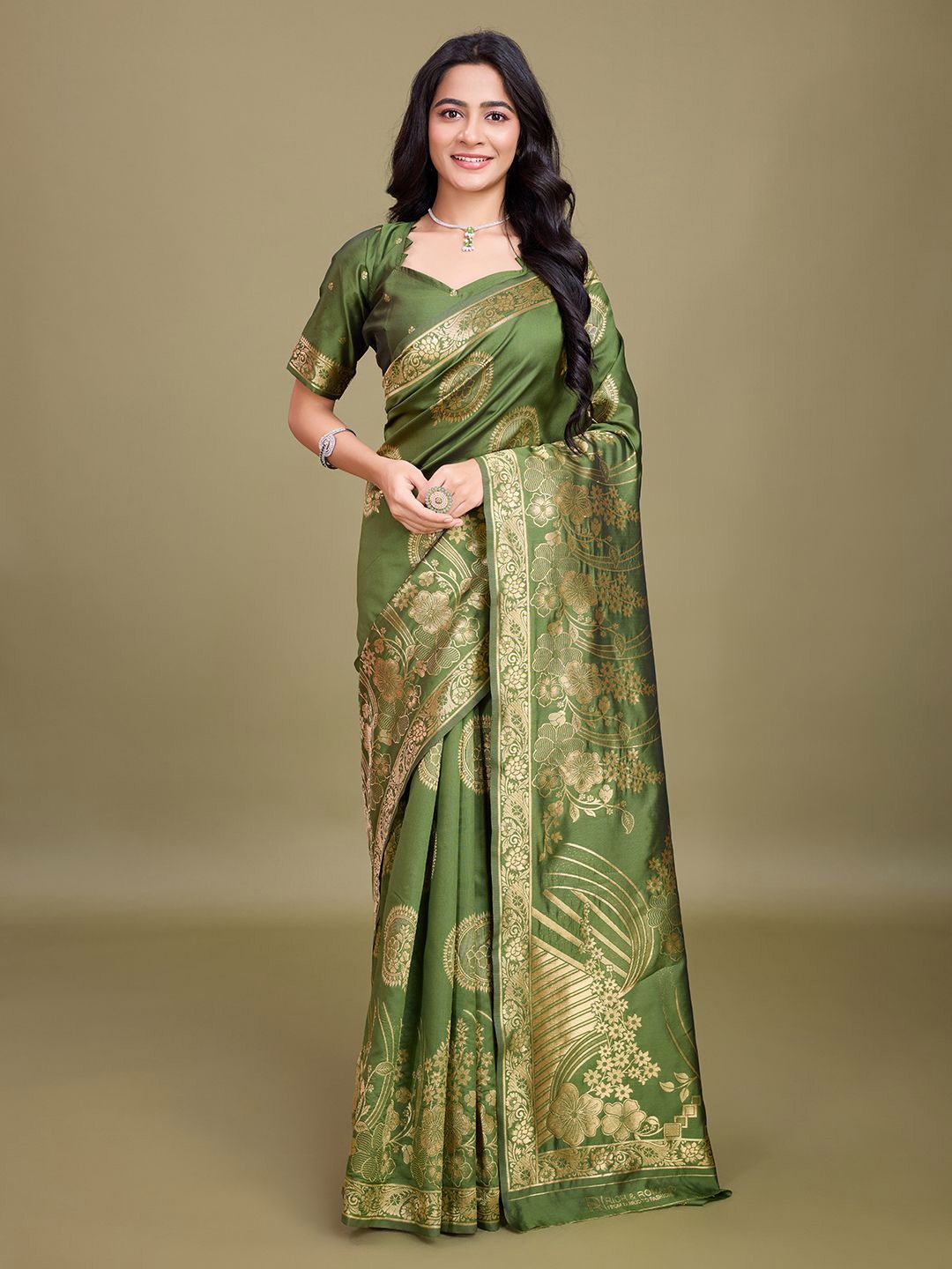 

RICH & ROMAN Ethnic Motifs Woven Design Zari Pure Silk Banarasi Saree, Olive