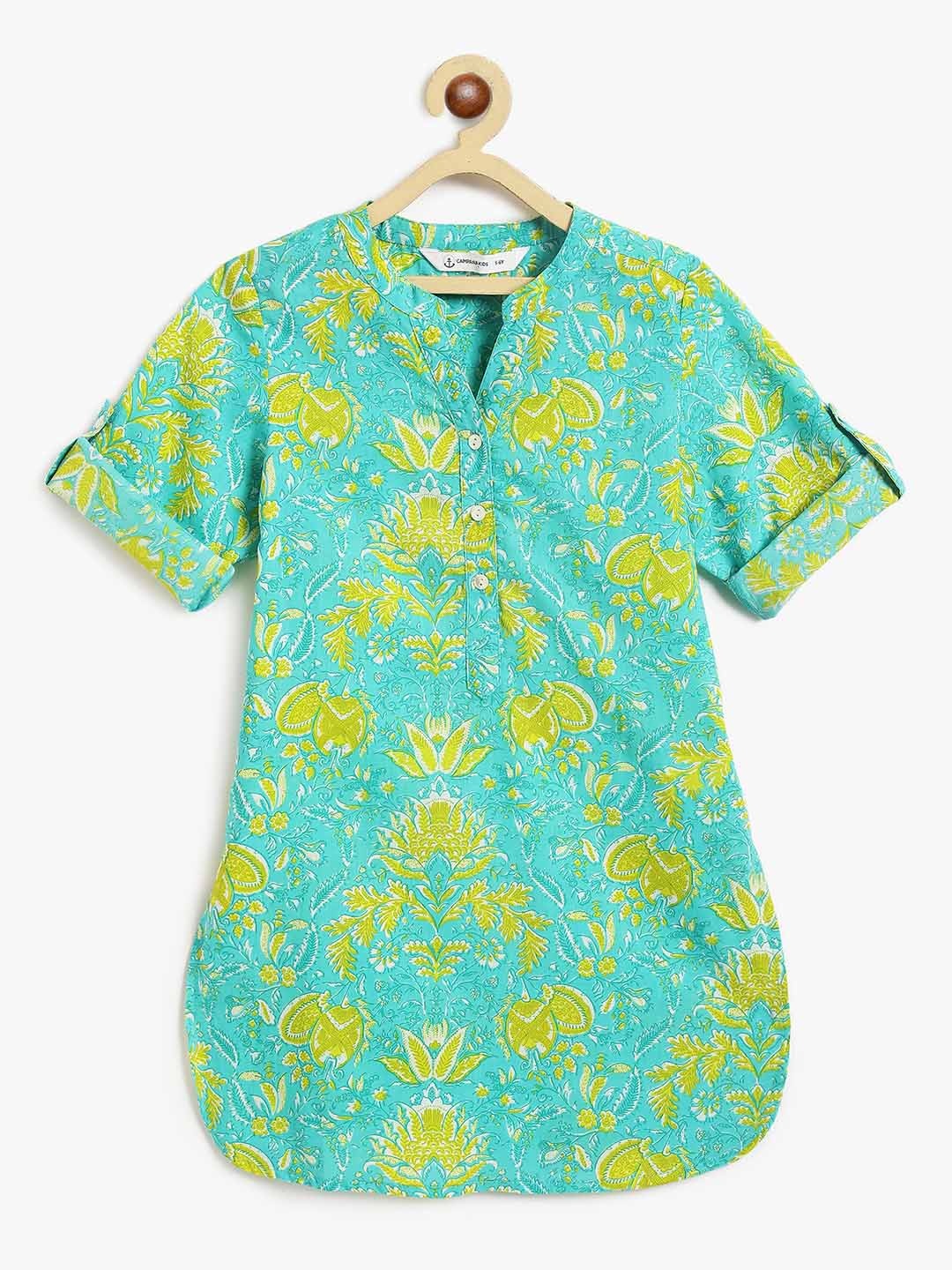 

Campana Urvashi Girls Floral Printed Mandarin Collar Roll-Up Sleeves Cotton A-Line Kurta, Turquoise blue