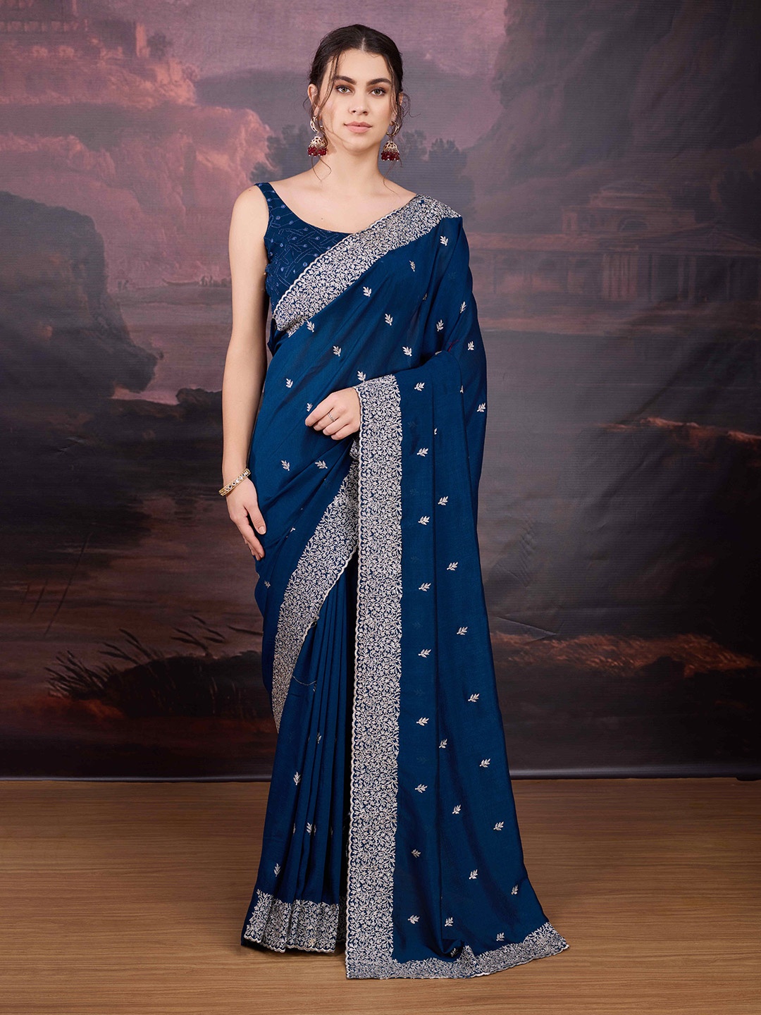

House of Pataudi Zari Embroidered Pure Chiffon Saree With Blouse Piece, Blue