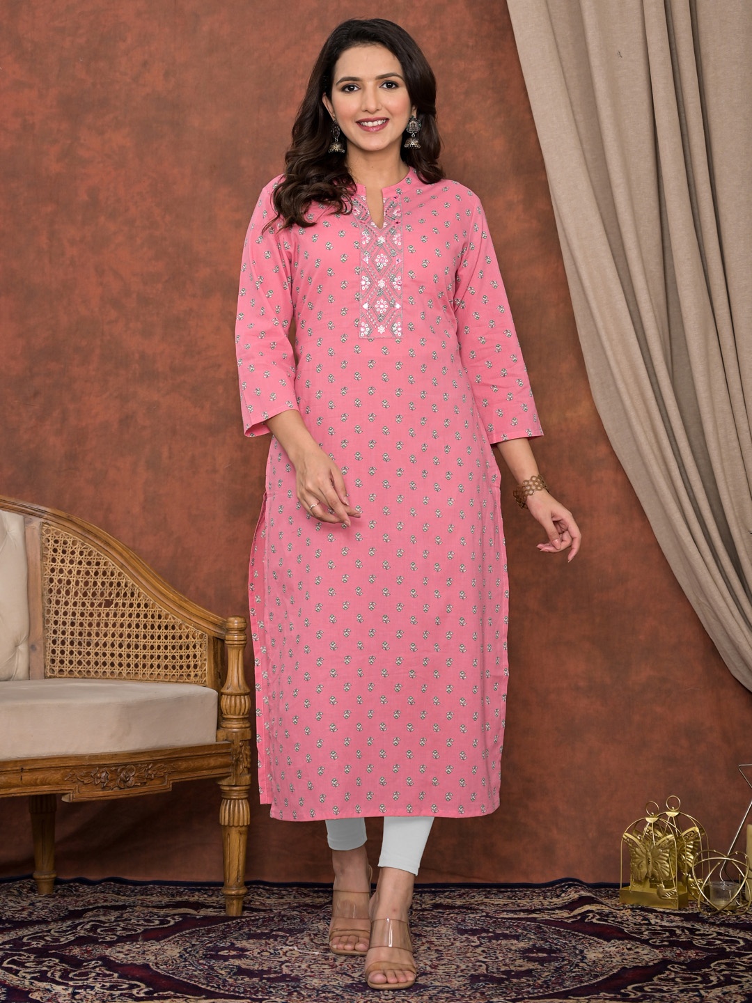 

Readiprint Fashions Floral Printed Thread Work Mandarin Collar Cotton Straight Kurta, Peach