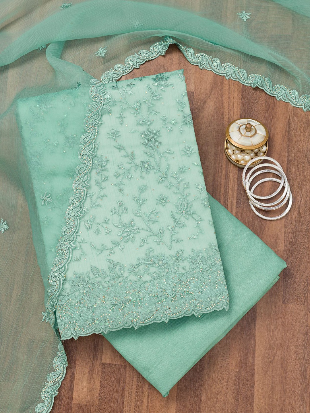 

Koskii Floral Embroidered Sequinned Tissue Unstitched Dress Material, Green
