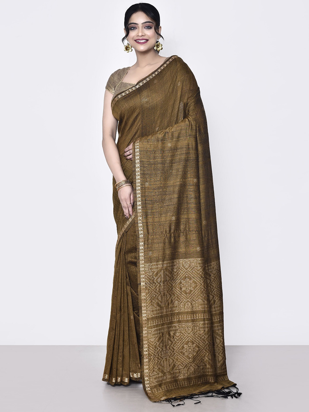 

SPRISH Woven Design Pure Silk Tussar Saree, Brown