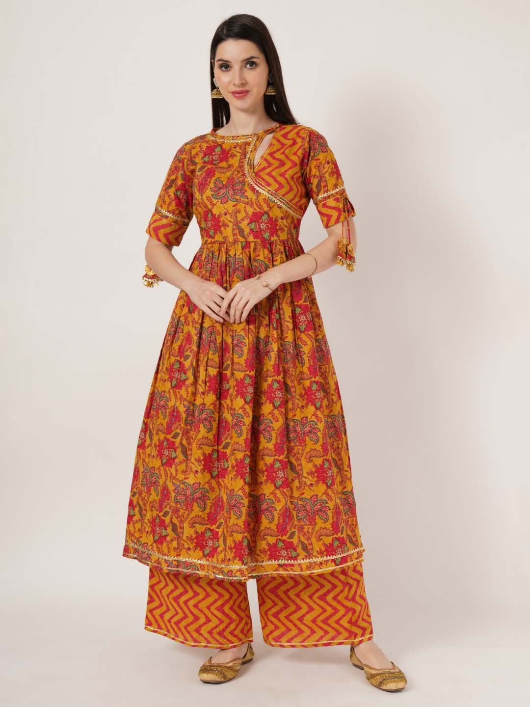 

COTLAND FASHION Floral Printed Angrakha Gotta Patti Pure Cotton Anarkali Kurta & Palazzo, Orange