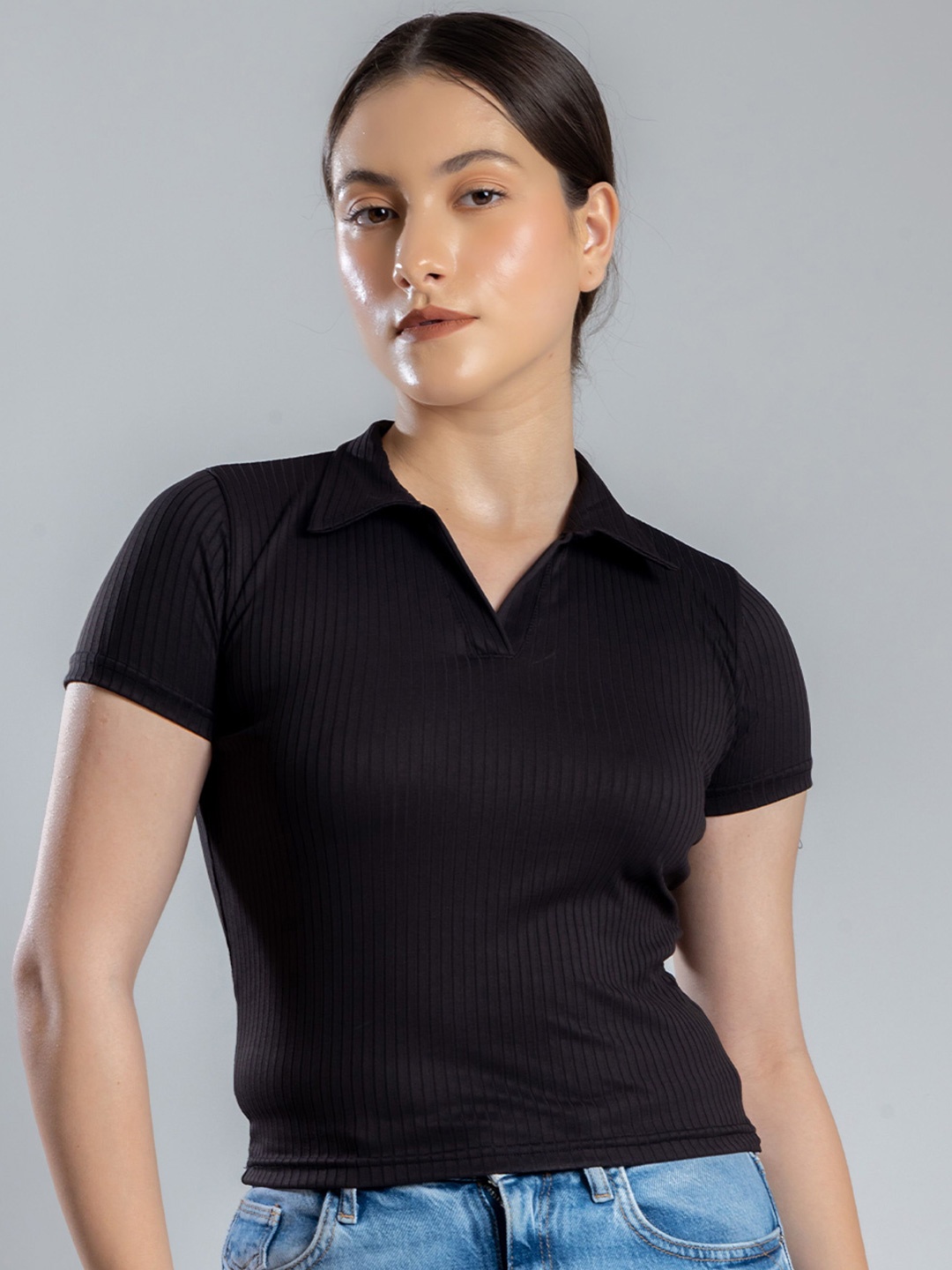 

Redamancii Women Solid Shirt Collar Polycotton Top, Black