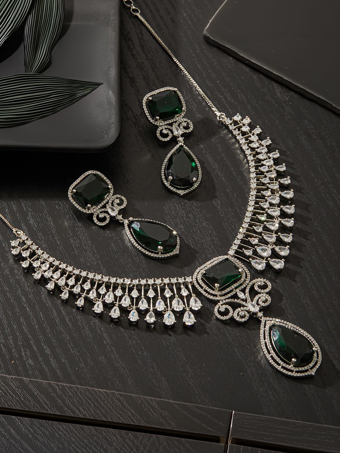 

Jazz and Sizzle Rhodium-Plated American Diamond Stone Studded Jewellery Set, Green