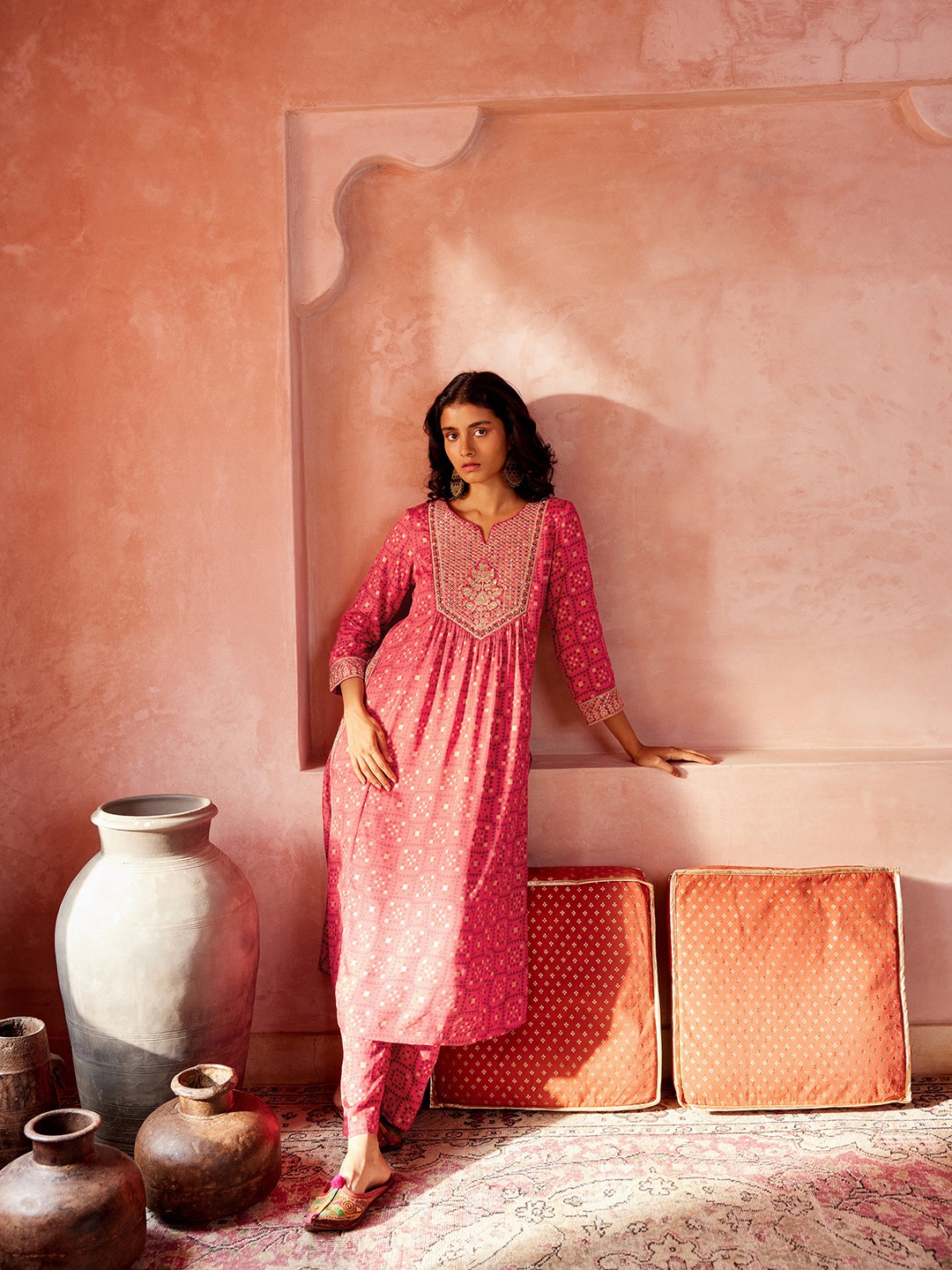 

Global Desi Geometric Printed Sequinned Straight Kurta With Trouser, Red