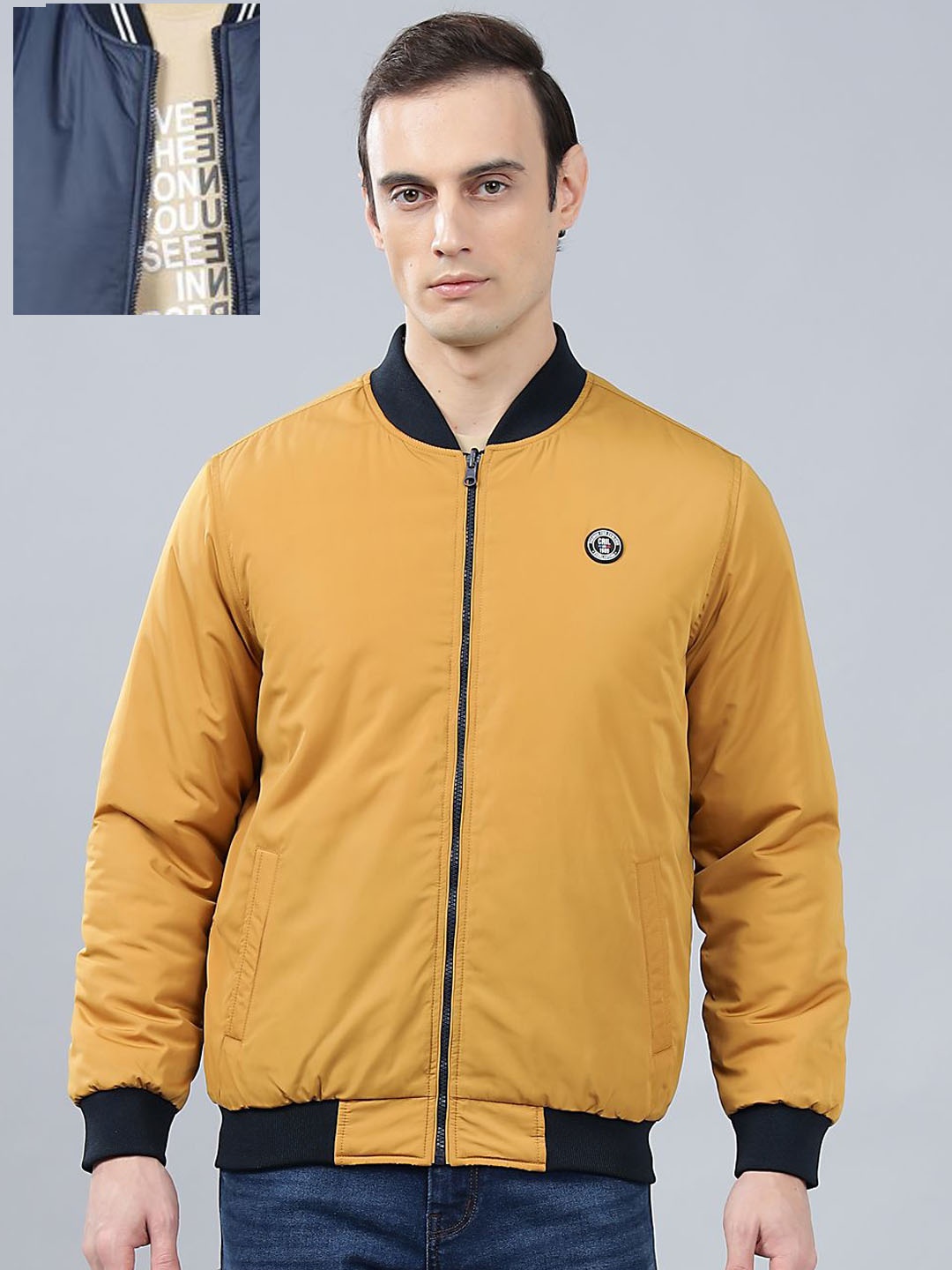 

Cantabil Men Reversible Open Front Long Sleeves Jacket, Mustard