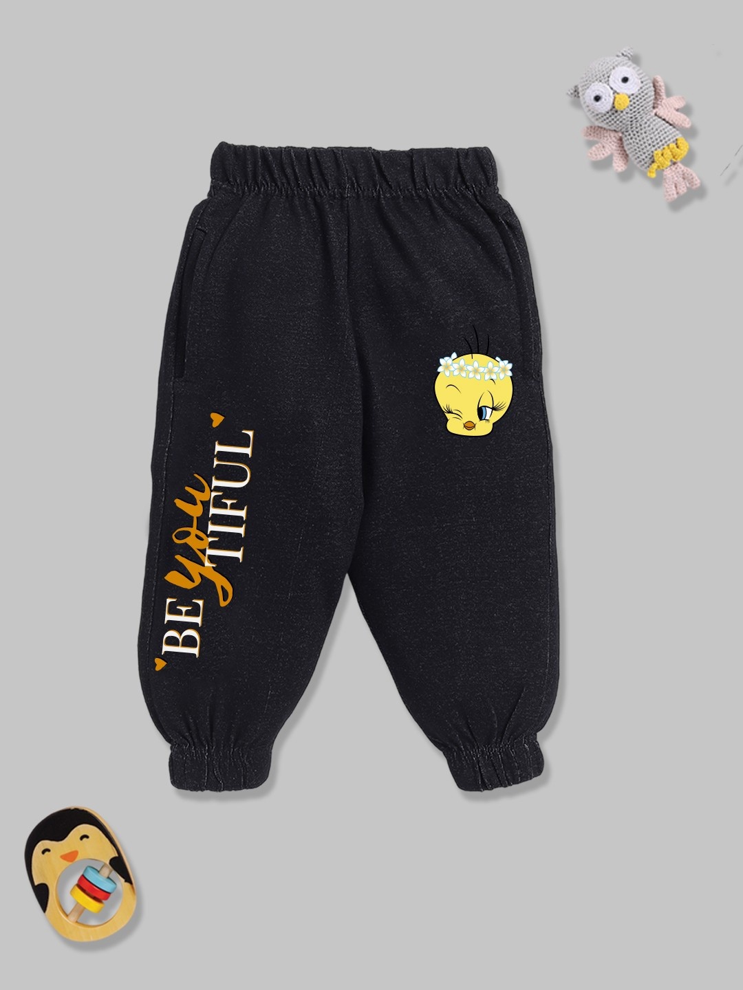 

YK X Minute Mirth Girls Tweety Printed Joggers, Black