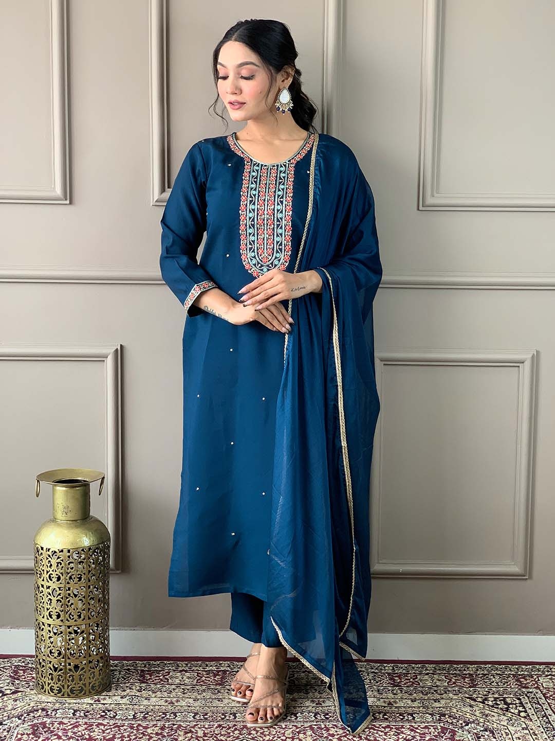 

Lilots Floral Yoke Design Thread Work Kurta with Trousers & Dupatta, Blue