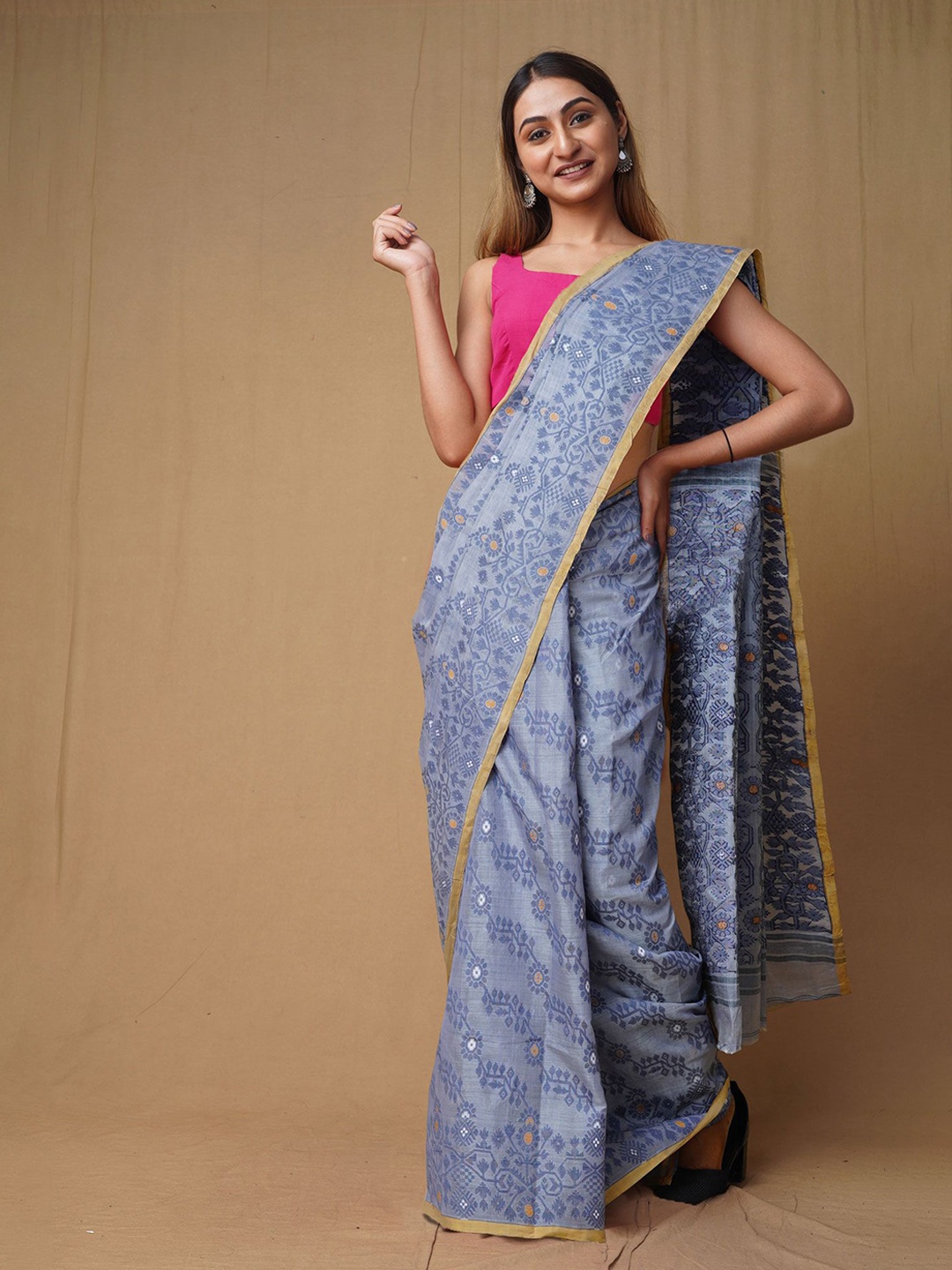 

Unnati Silks Ethnic Motifs Woven Design Pure Cotton Jamdani Saree, Grey