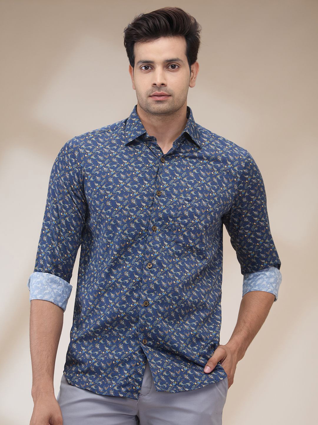 

ColorPlus Men Spread Collar Floral Printed Cotton Casual Shirt, Blue