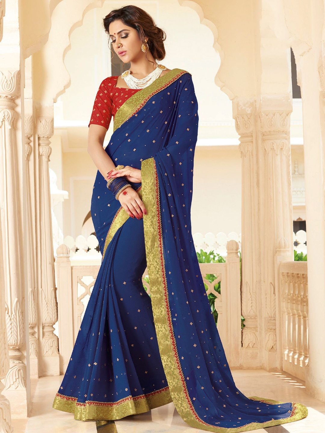

Laxmipati Floral Embroidered Woven Design Saree, Navy blue