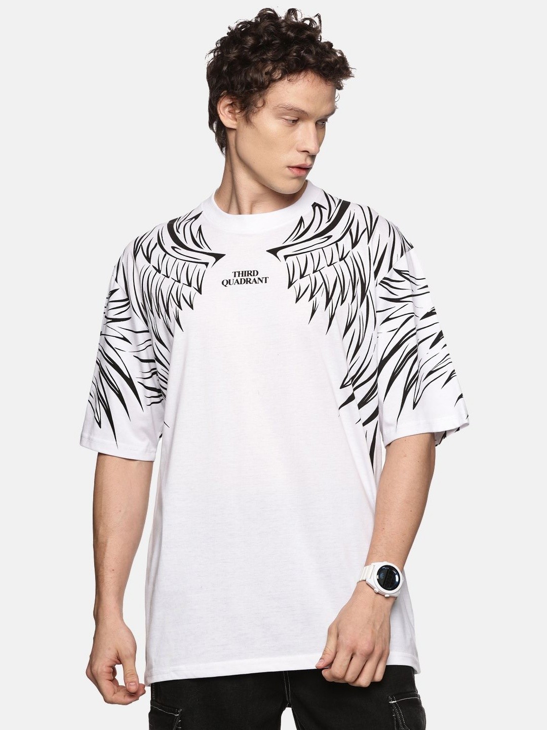 

THIRD QUADRANT Men Typography Printed Round Neck Cotton Oversized T-shirt, White