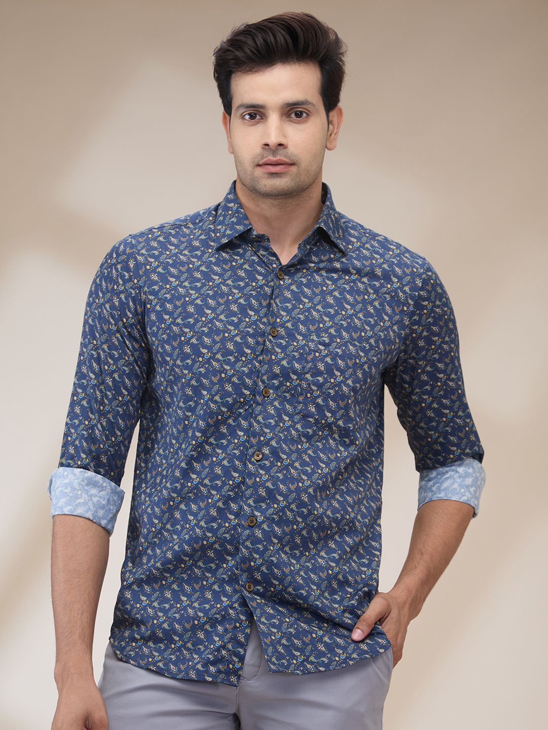 

ColorPlus Men Spread Collar Floral Printed Cotton Casual Shirt, Blue
