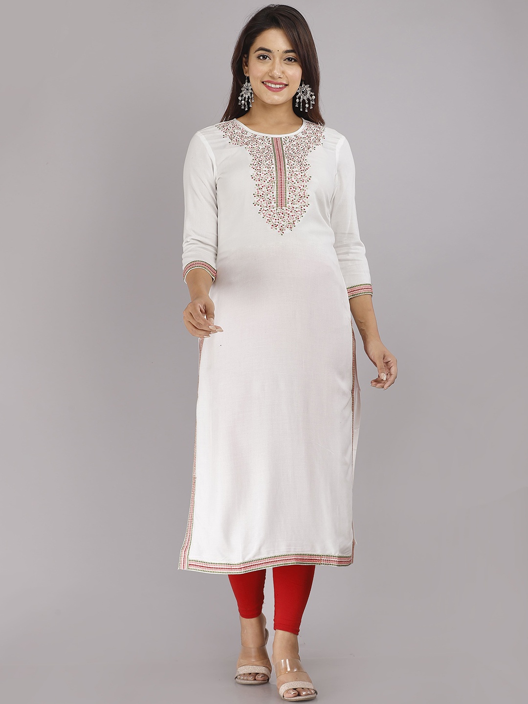 

STYLE ANGEL Embroidered Thread Work Round Neck Straight Kurta, White