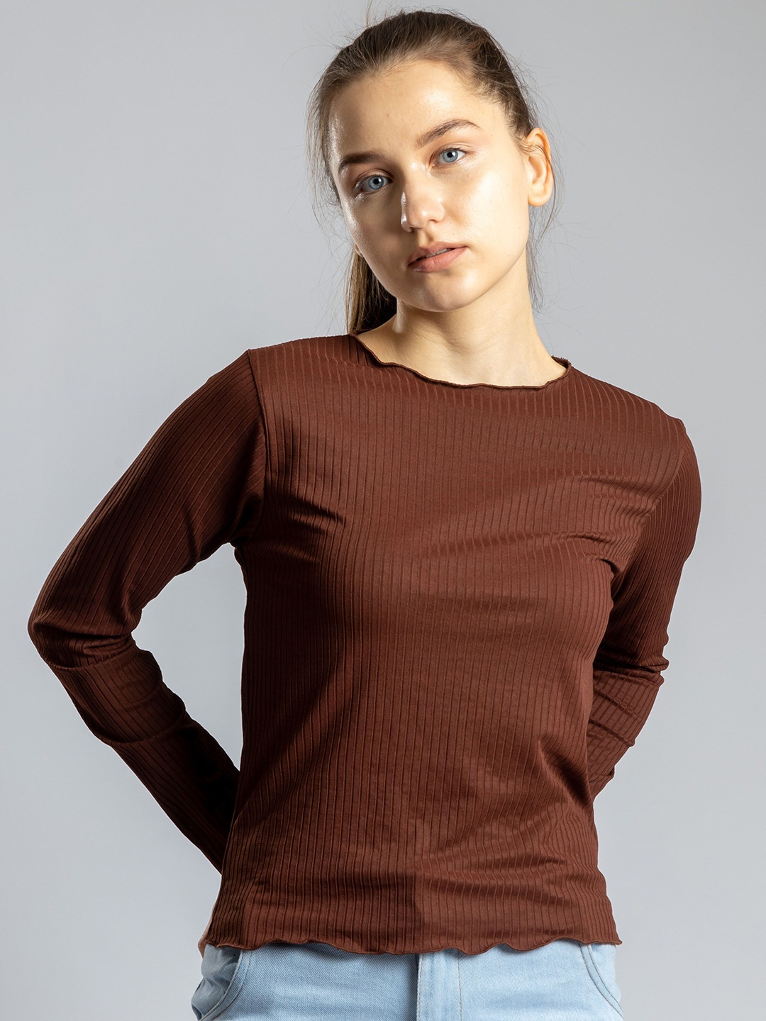 

Redamancii Women Solid Round Neck Polycotton Top, Brown