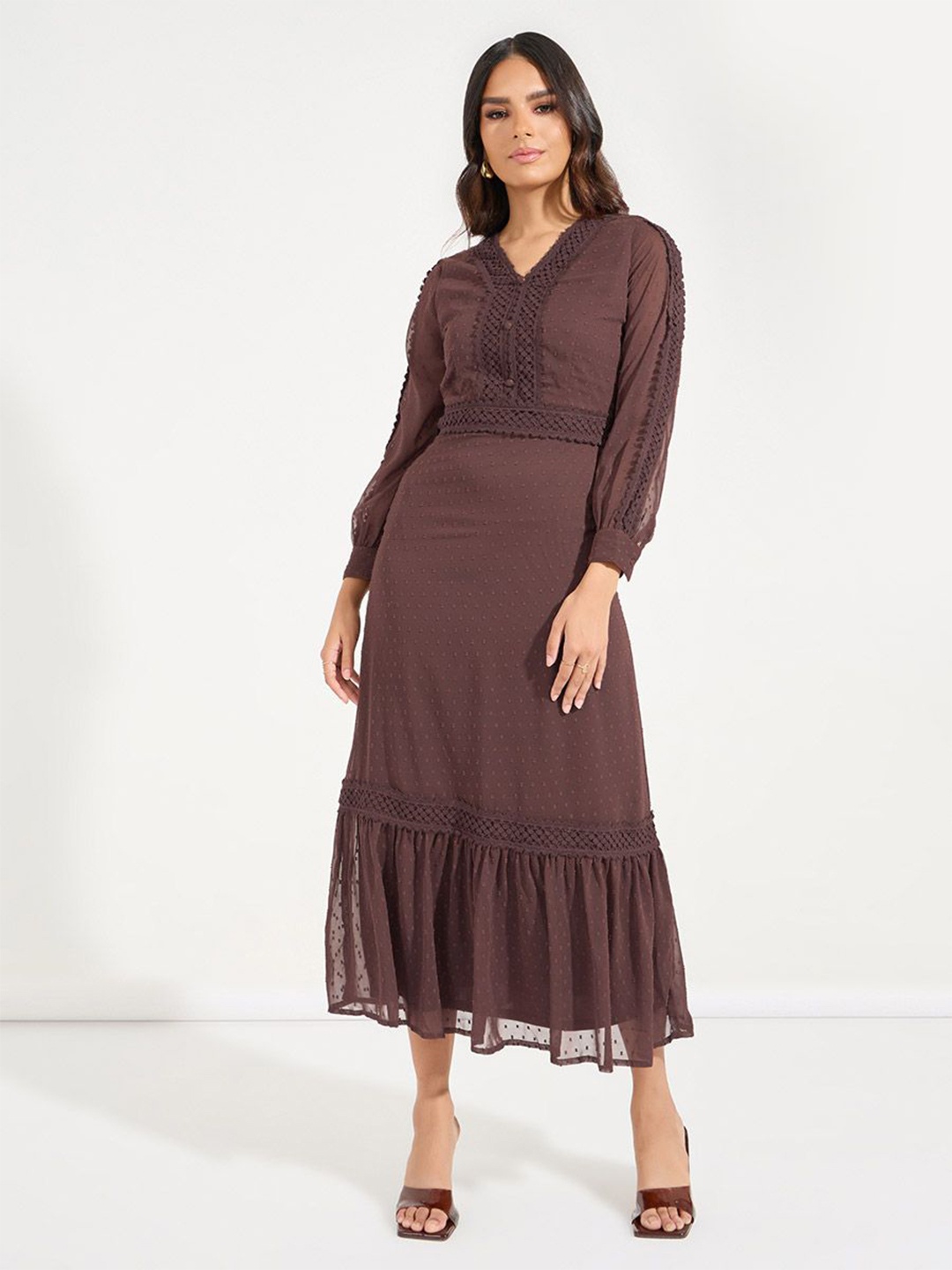 

Styli Women V-Neck Puff Sleeves A-Line Maxi Dress With Lace Insert, Brown